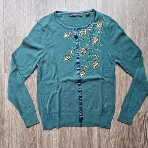Michael Simon Workshop Cardigan Womens Small Green Beaded Embellished Sweater